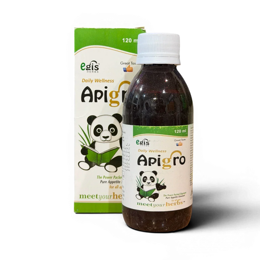 Egis Herbs Apigro 120ml syrup for appetite stimulation, daily wellness, with panda design, great taste