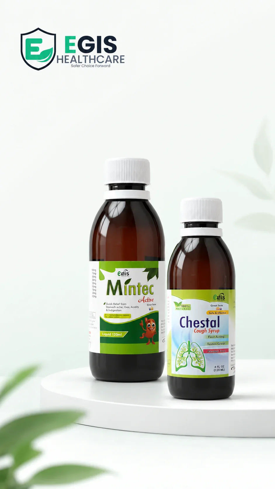 Mintec Active and Chestal Cough Syrup bottles for digestion and cough relief, GMP-certified healthcare products