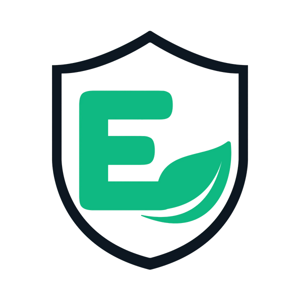 Green E with leaf inside shield, symbolizing safe, natural healthcare products for family wellness