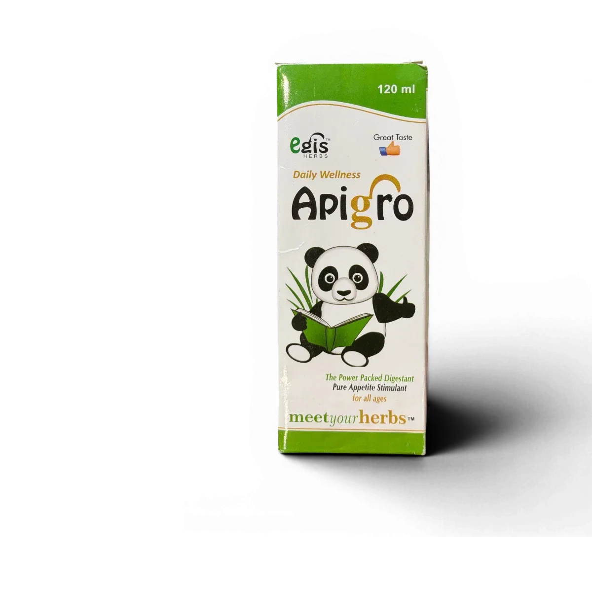 Apigro 120ml herbal digestant syrup for appetite stimulation, featuring panda mascot, great taste for all ages