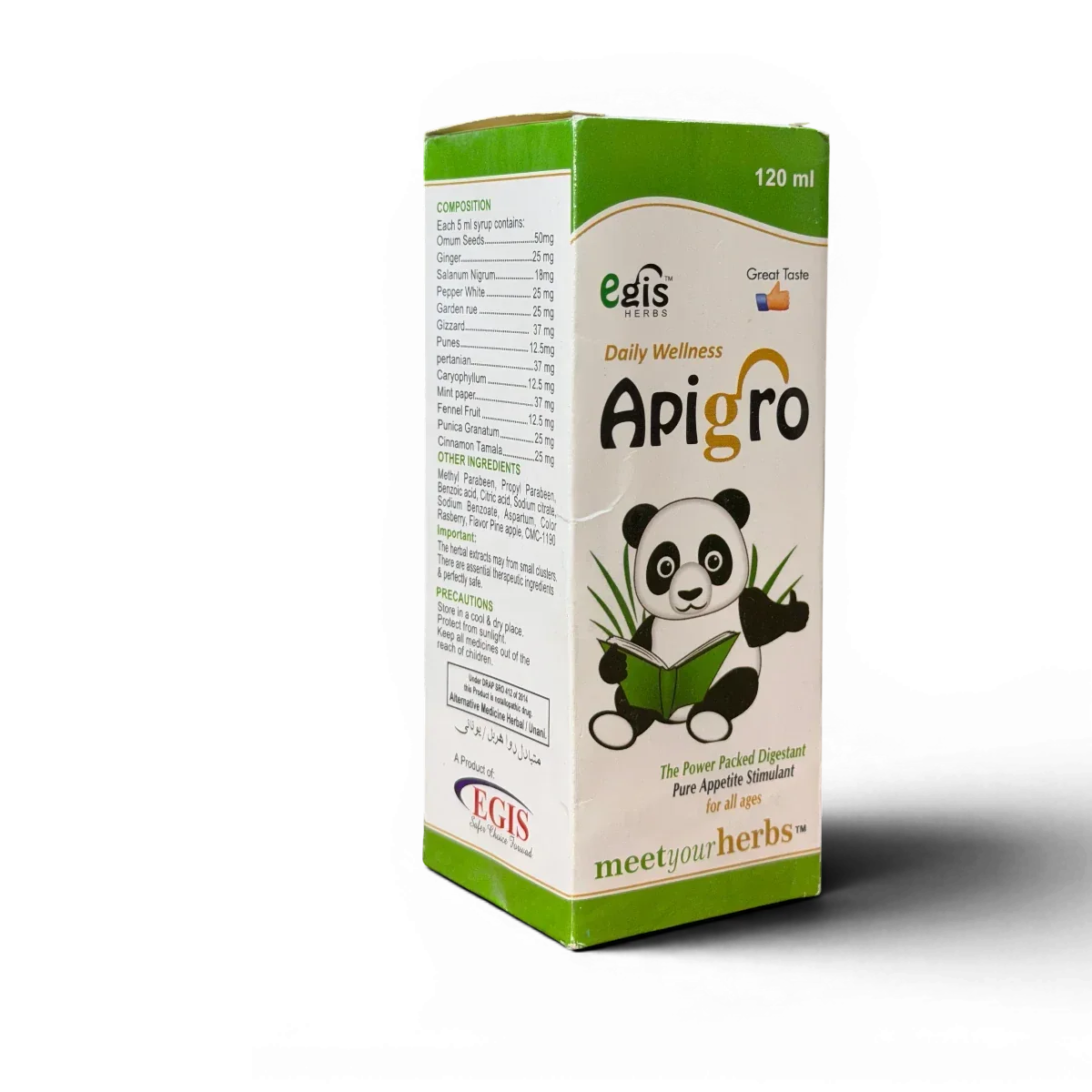 Apigro herbal syrup for digestion & appetite, 120ml box with panda design, natural wellness for all ages