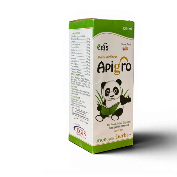Apigro herbal syrup for digestion & appetite, 120ml box with panda design, natural wellness for all ages