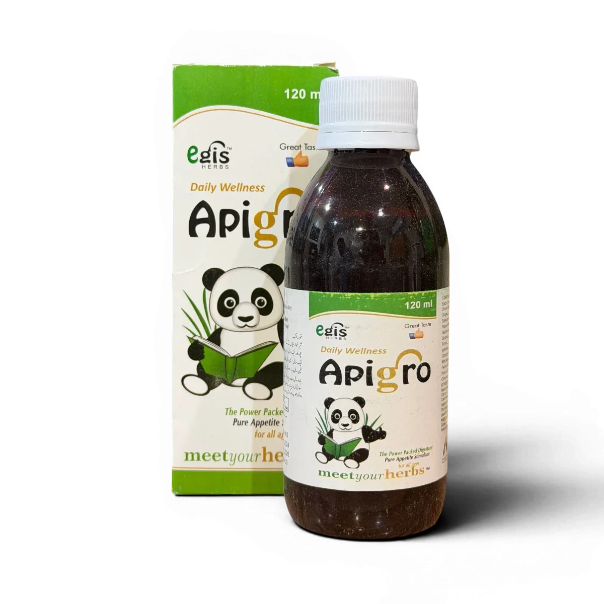 Egis Herbs Apigro 120ml syrup for appetite stimulation, daily wellness, with panda design, great taste