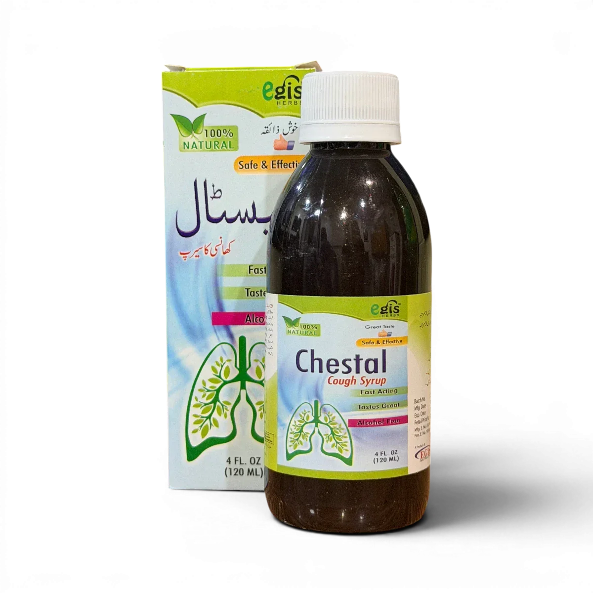 Chestal Cough Syrup bottle and box, 100% natural, alcohol-free, fast-acting relief for cough with herbal lung support