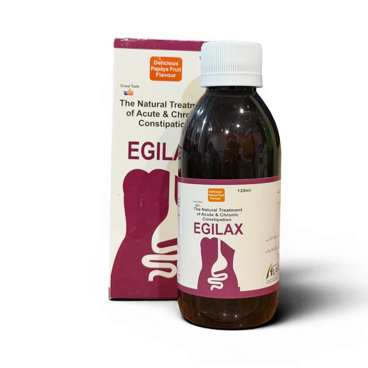 Egilax syrup for natural constipation relief, papaya fruit flavor, 120ml bottle with box