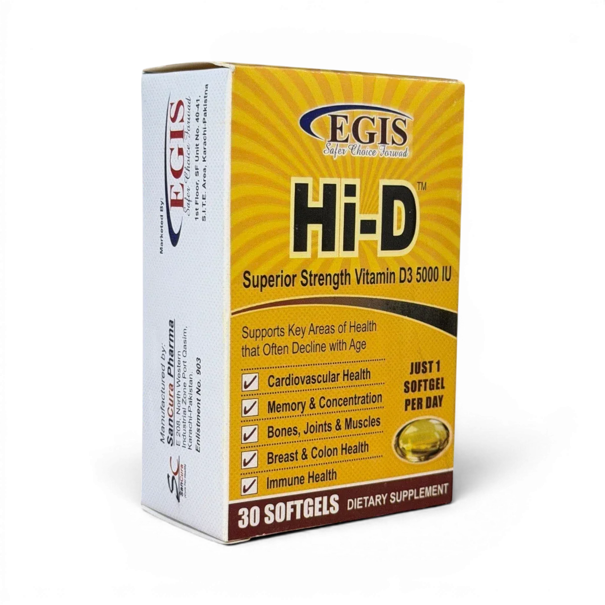 Egis Hi-D 5000 IU Vitamin D3 softgels for bone, immune & heart health — 30 count dietary supplement