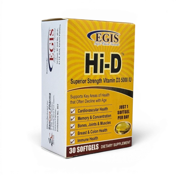 Egis Hi-D 5000 IU Vitamin D3 softgels for bone, immune & heart health — 30 count dietary supplement