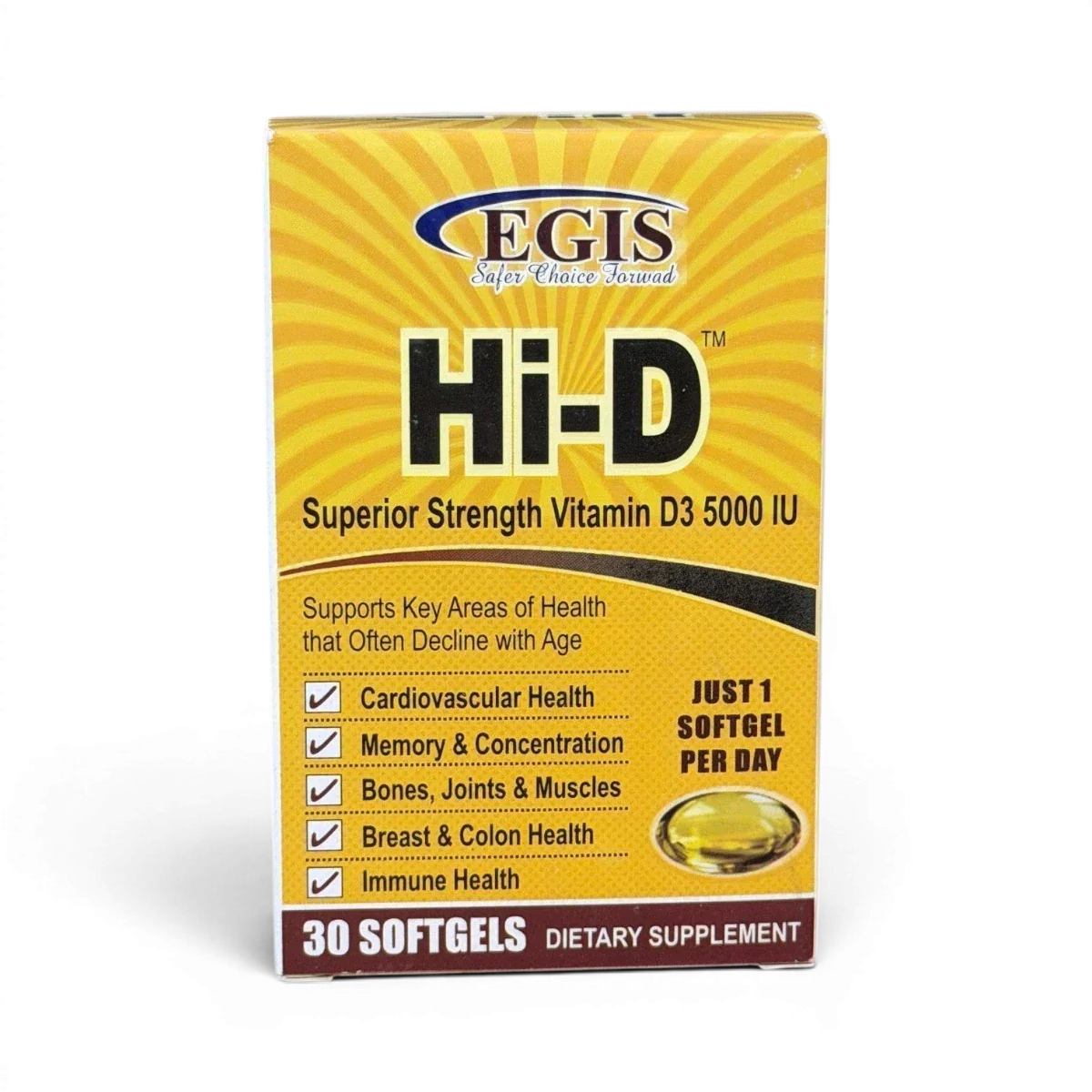 Egis Hi-D Superior Strength Vitamin D3 5000 IU softgels for bone, immune & heart health, 30 count