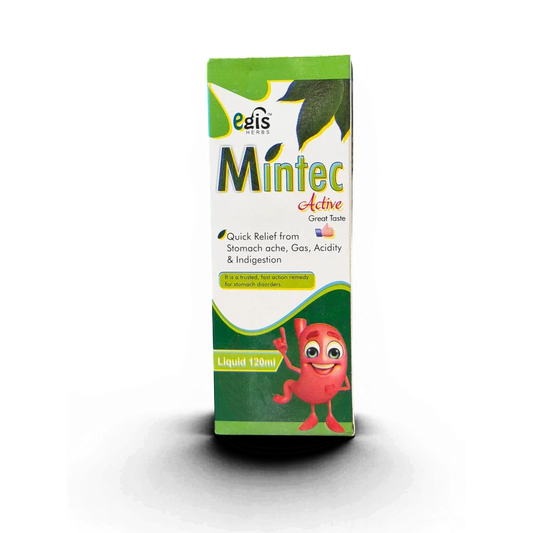 Mintec Active liquid syrup for stomach ache, gas, acidity & indigestion relief, 120ml bottle with cartoon stomach character