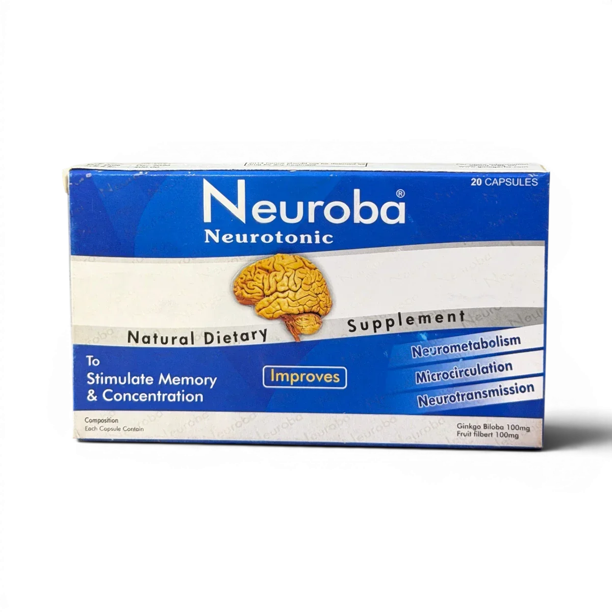 Neuroba Neurotonic supplement box for memory & concentration, 20 capsules with Ginkgo Biloba, brain health support