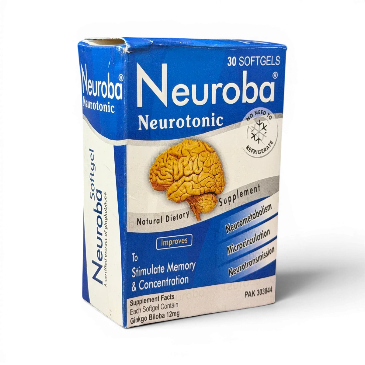 Neuroba Neurotonic softgels box for memory & concentration, 30 count, with Ginkgo Biloba 12mg, no refrigeration needed