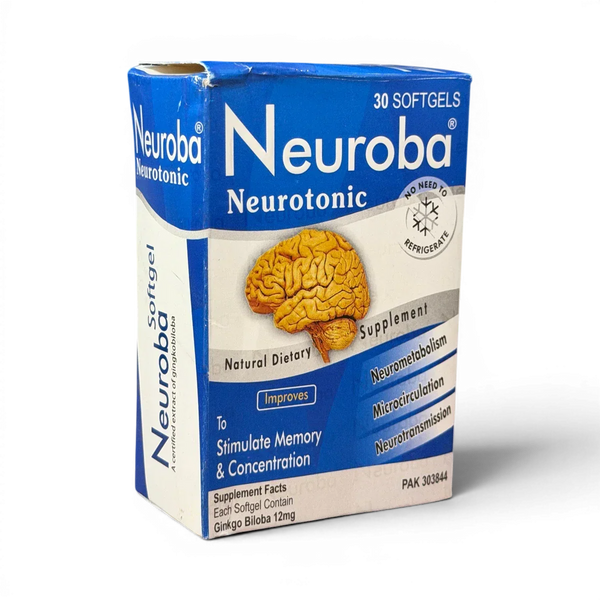 Neuroba Neurotonic softgels box for memory & concentration, 30 count, with Ginkgo Biloba 12mg, no refrigeration needed