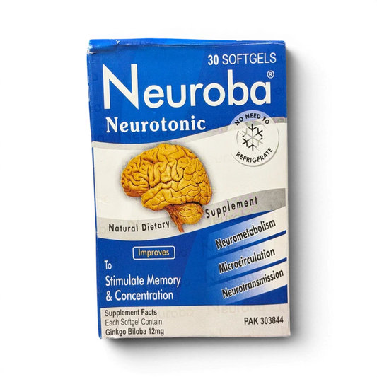 Neuroba Neurotonic supplement box with 30 softgels for memory & concentration, featuring Ginkgo Biloba 12mg