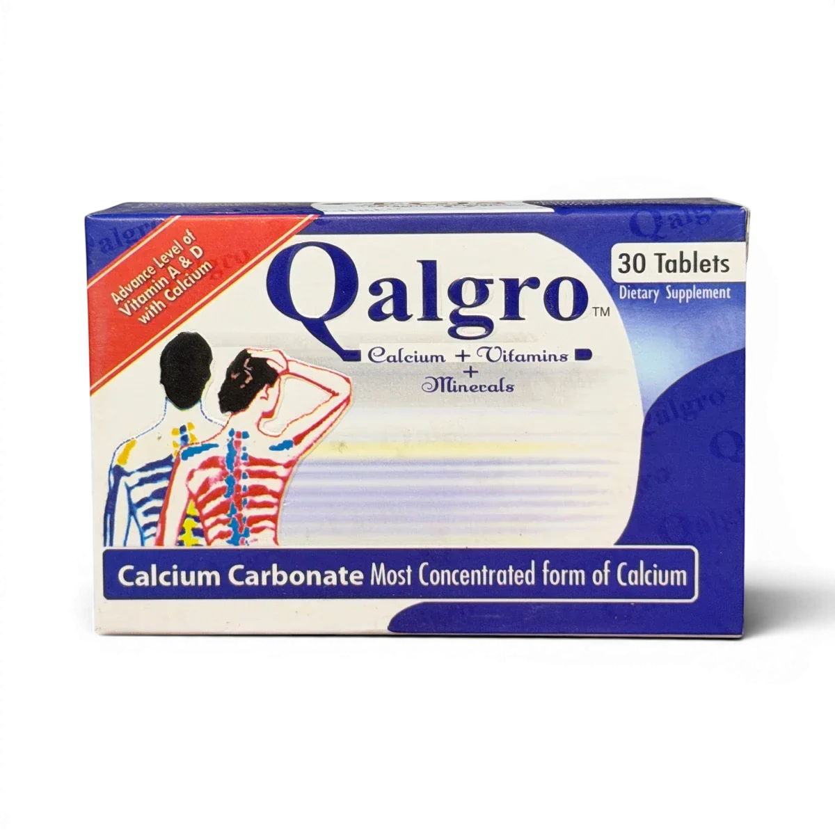 Qalgro calcium tablets with vitamins A & D, bone strength supplement, 30 tablets for daily wellness