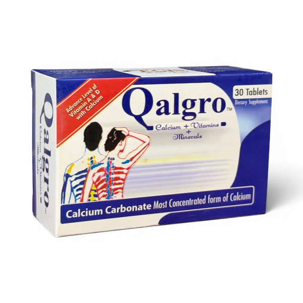 Qalgro calcium tablets with vitamins A & D for bone strength, 30-count dietary supplement box