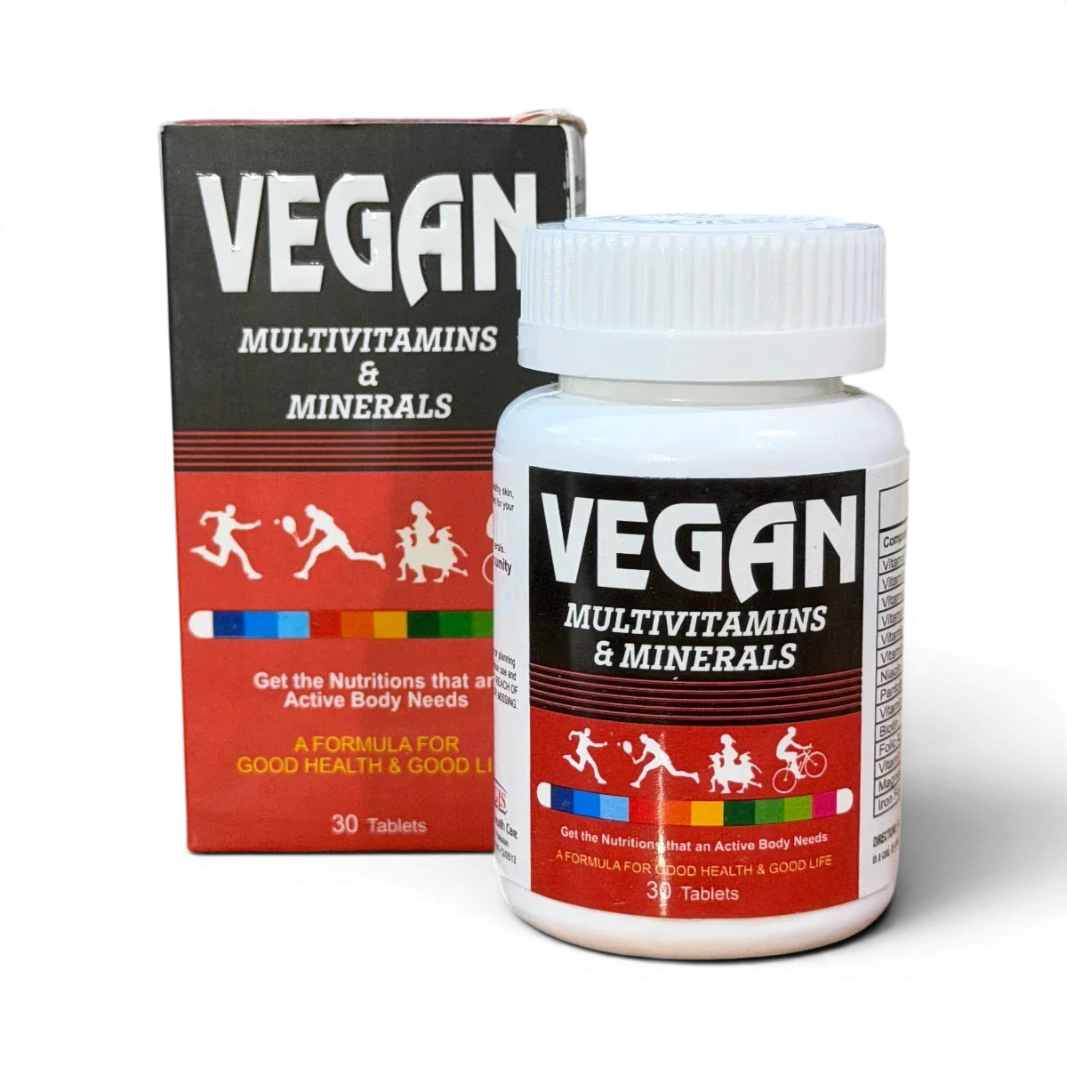 Vegan multivitamins and minerals tablets for active body nutrition, good health and wellness support