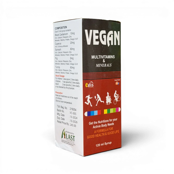 Vegan multivitamins & minerals syrup for active health, 120ml bottle with iron, calcium, zinc, omega 3 & 6
